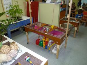 water and sand table in a preschool class